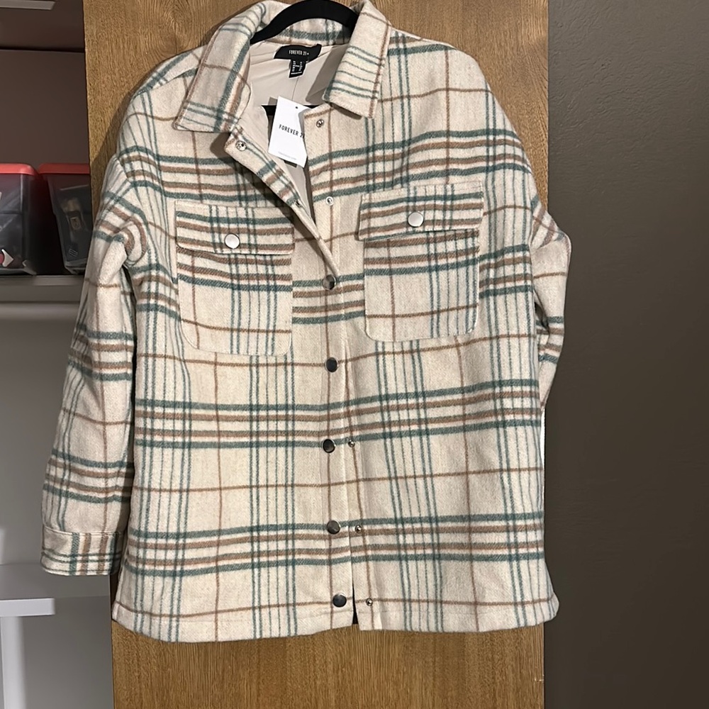 Plaid Button-Up Jacket - Cream and Green